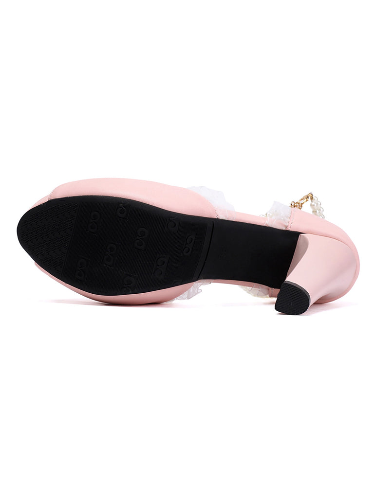 Pearl Bow Lace Peep Toe High Heels Sandals