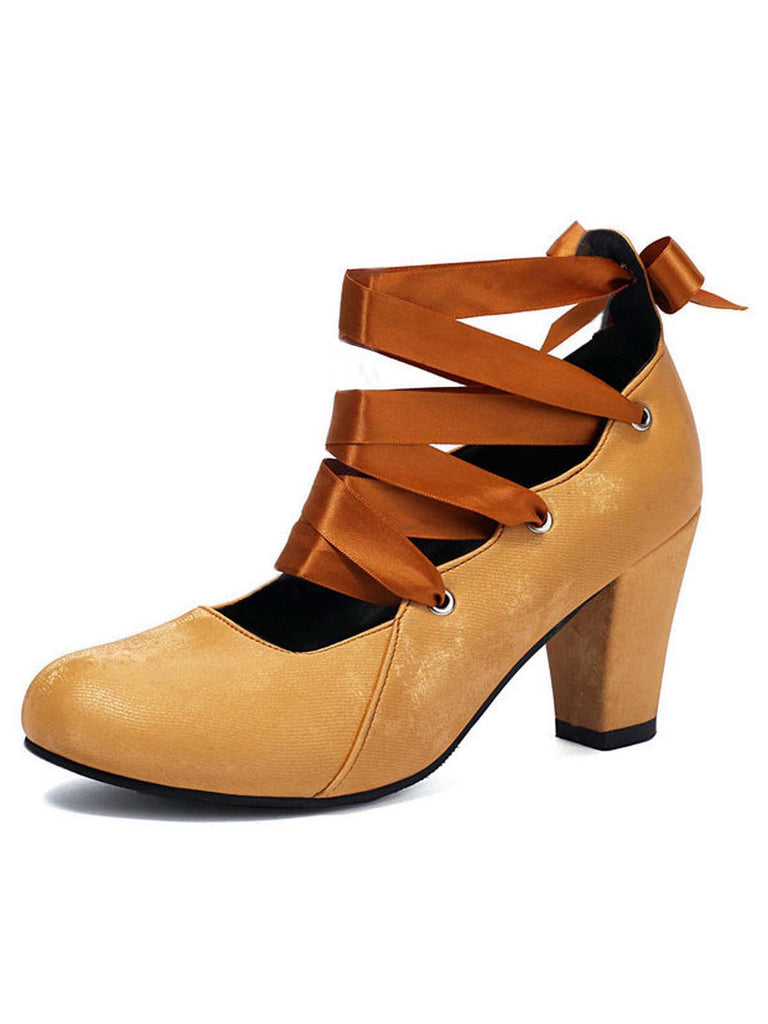 Vintage Mary Jane Ribbon Wrap Up Chunky Heels