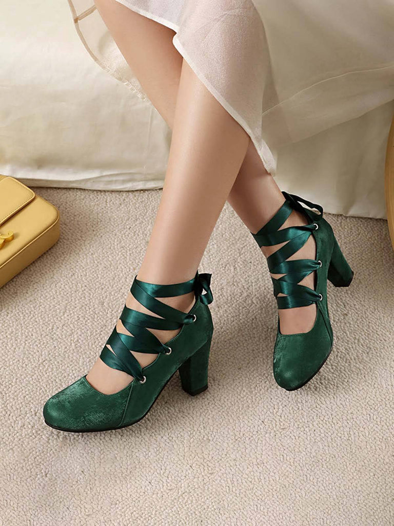 Vintage Mary Jane Ribbon Wrap Up Chunky Heels