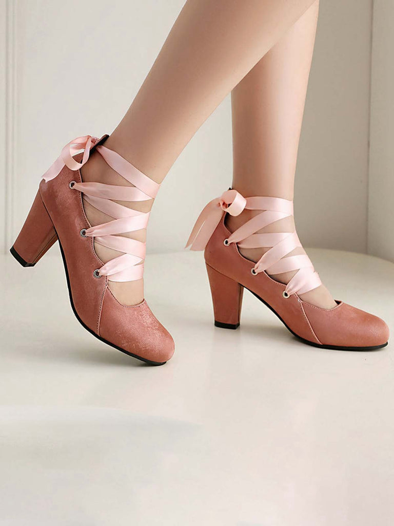 Vintage Mary Jane Ribbon Wrap Up Chunky Heels