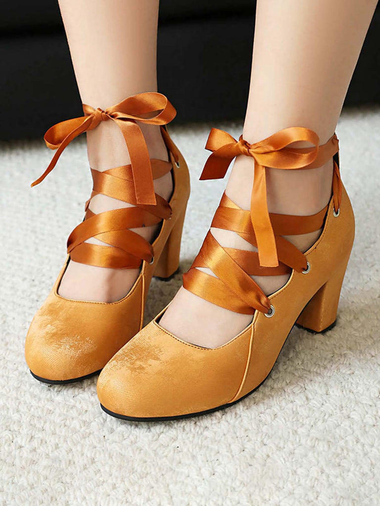 Vintage Mary Jane Ribbon Wrap Up Chunky Heels