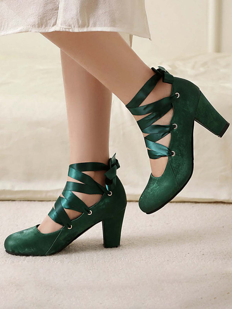 Vintage Mary Jane Ribbon Wrap Up Chunky Heels