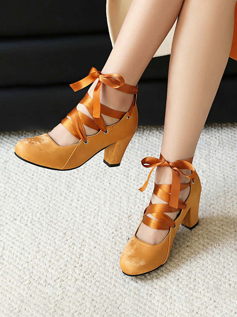 Vintage Mary Jane Ribbon Wrap Up Chunky Heels