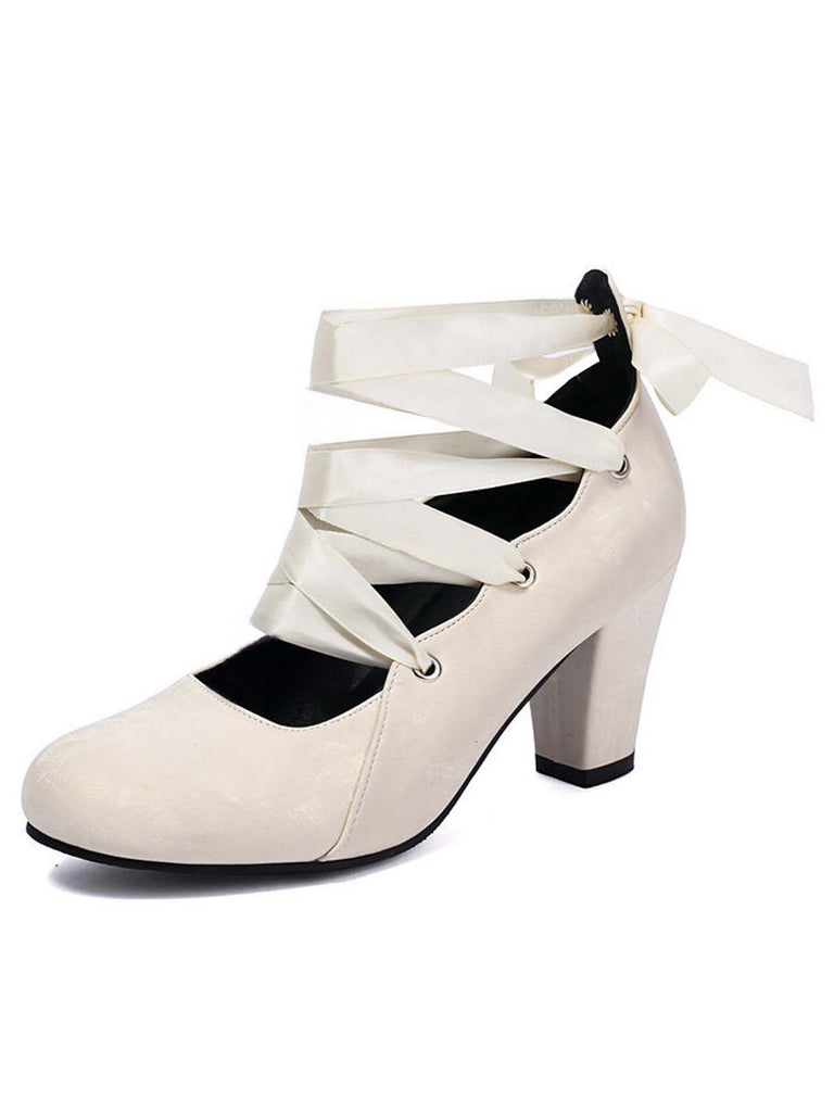 Vintage Mary Jane Ribbon Wrap Up Chunky Heels