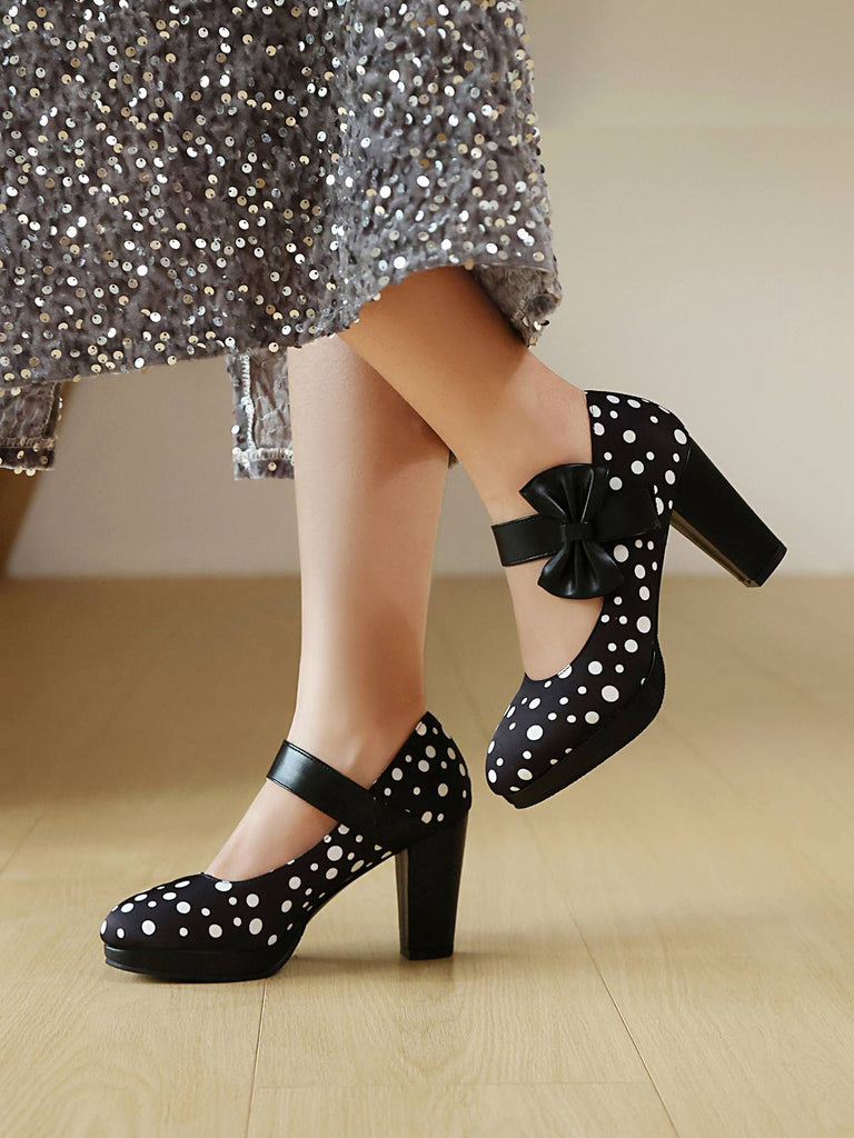 Mary Jane Polka Dots Bowknot Chunky Heels