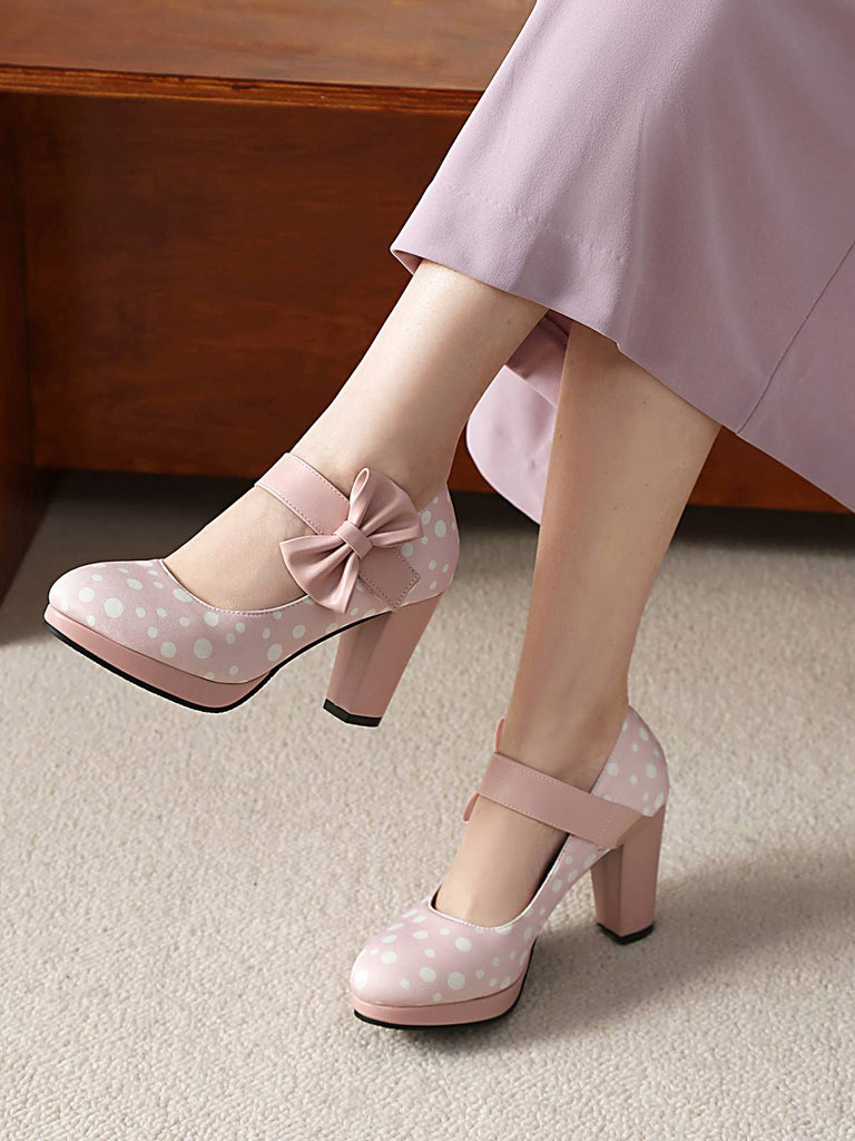 Mary Jane Polka Dots Bowknot Chunky Heels