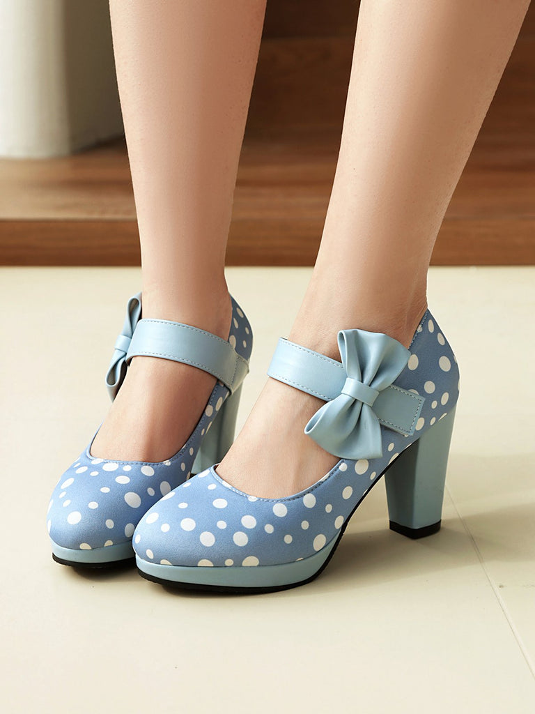 Mary Jane Polka Dots Bowknot Chunky Heels