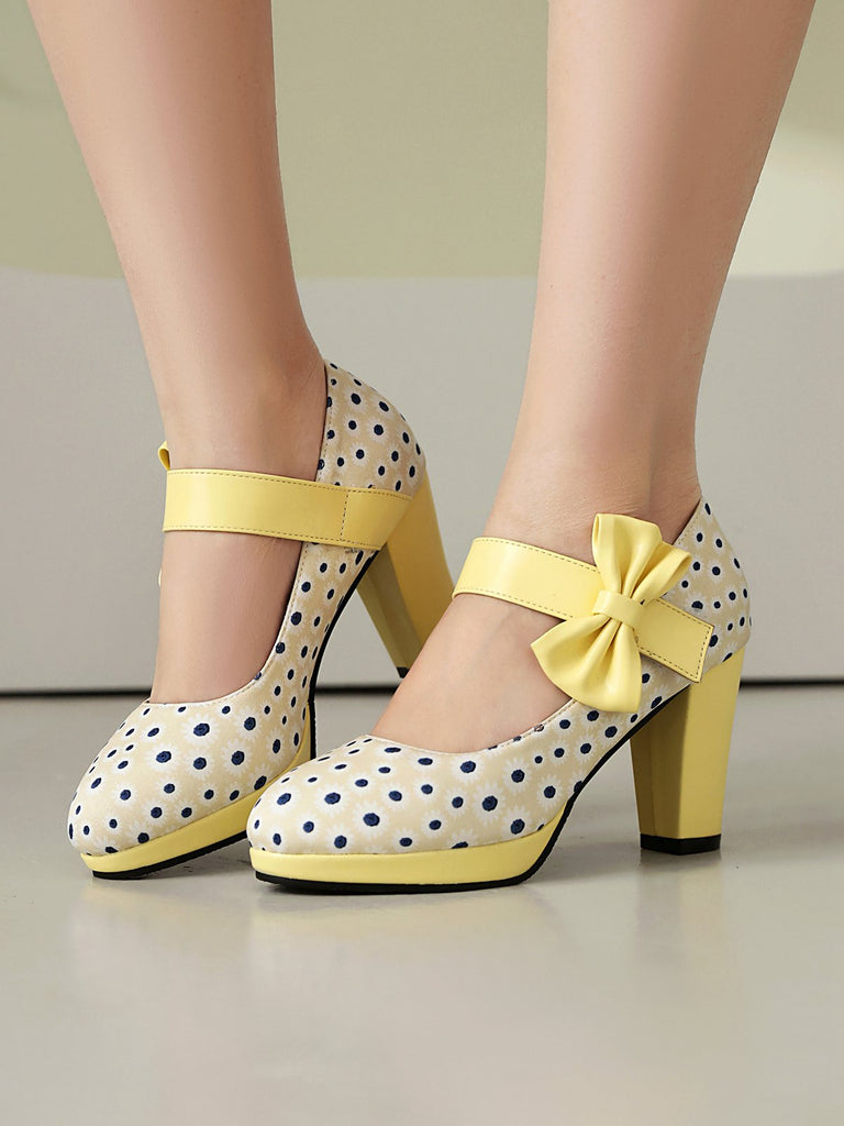 Mary Jane Polka Dots Bowknot Chunky Heels