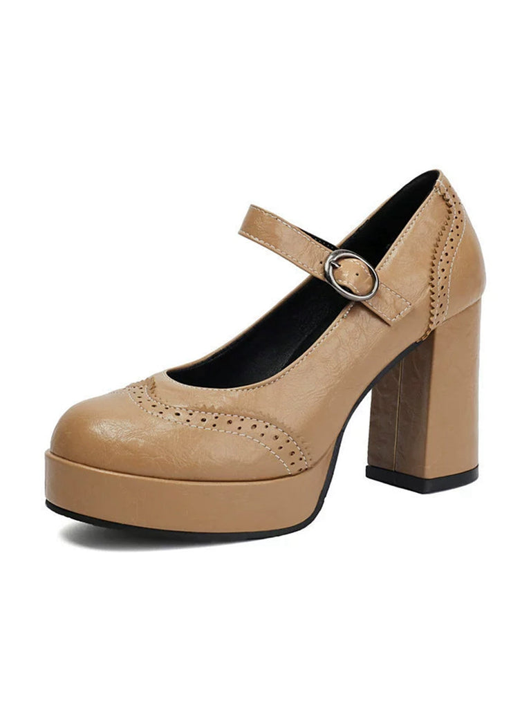 Vintage Solid Round Toe Buckle Chunky Heels