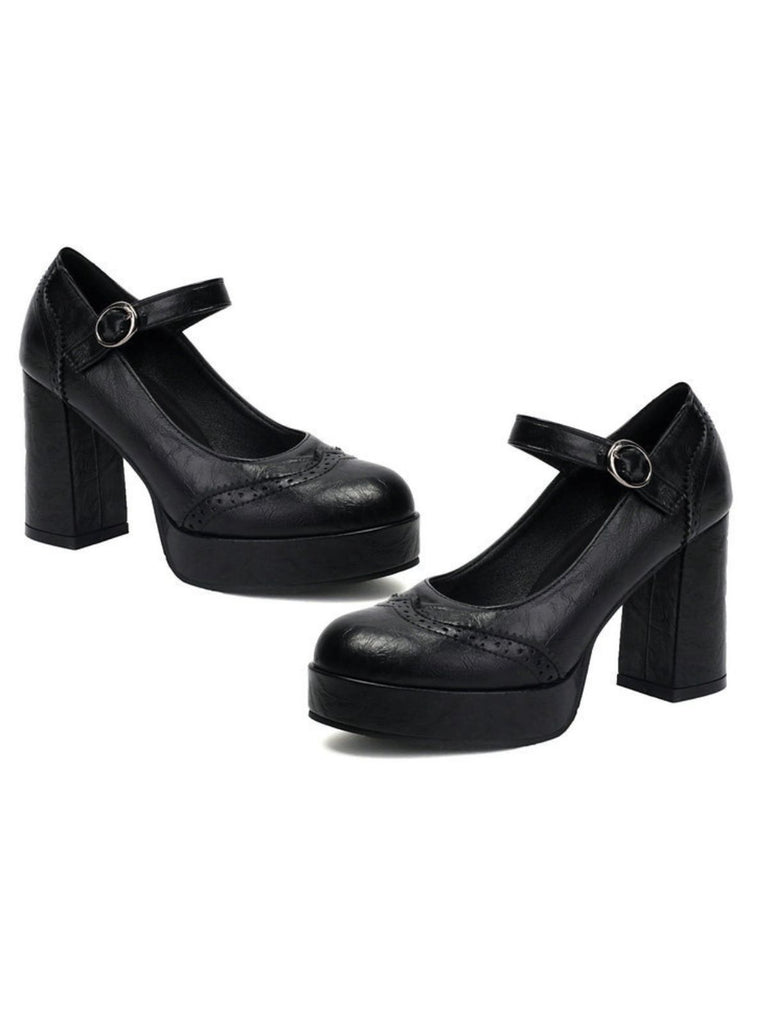 Vintage Solid Round Toe Buckle Chunky Heels