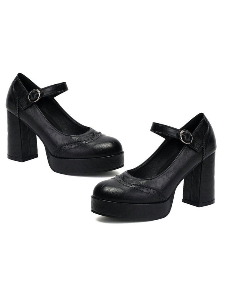 Vintage Solid Round Toe Buckle Chunky Heels