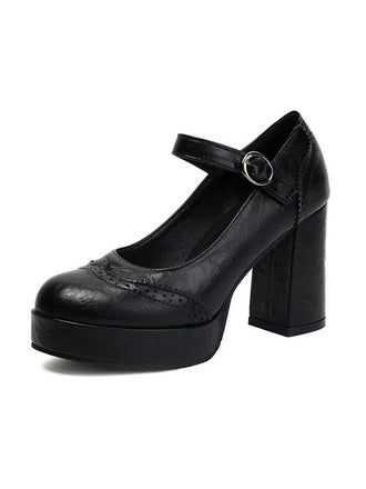 Vintage Solid Round Toe Buckle Chunky Heels