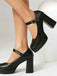 Vintage Solid Round Toe Buckle Chunky Heels