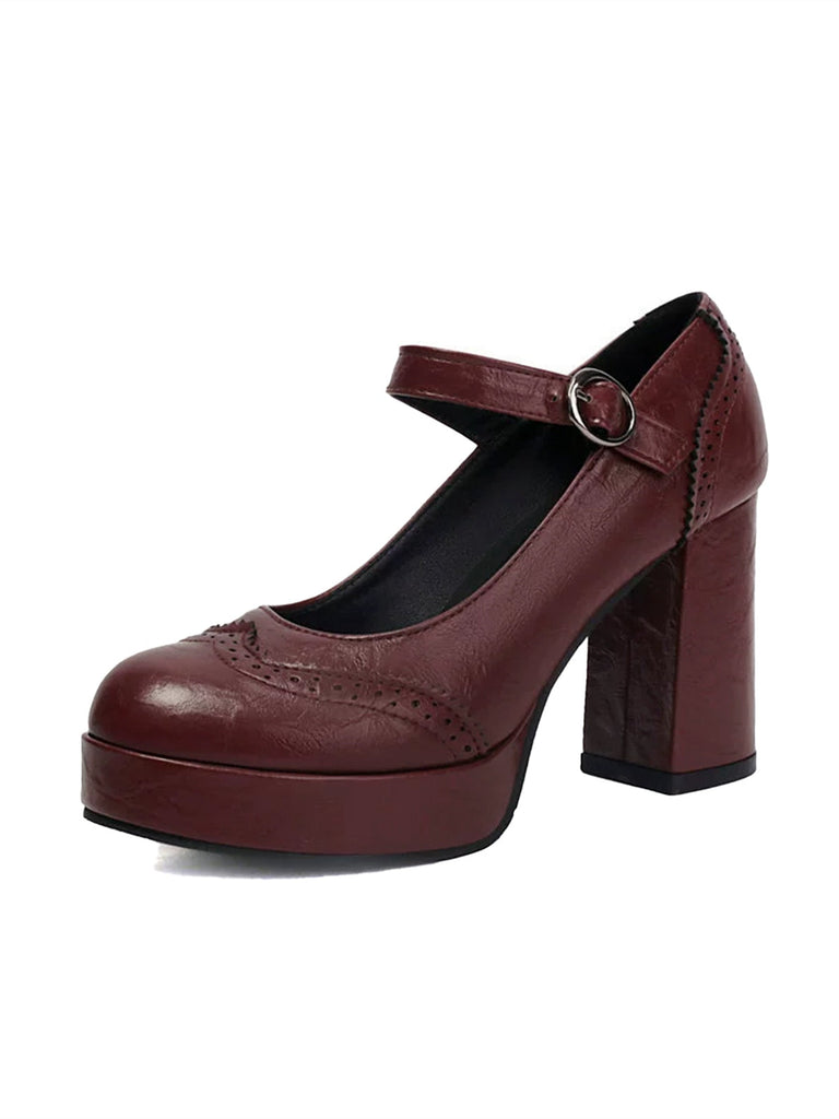 Vintage Solid Round Toe Buckle Chunky Heels