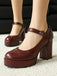 Vintage Solid Round Toe Buckle Chunky Heels