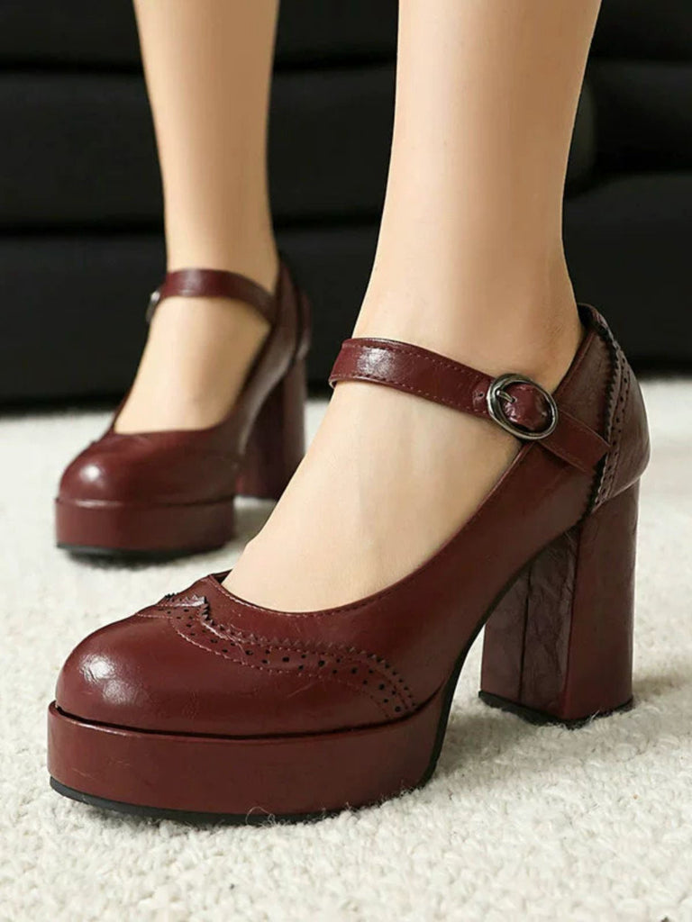Vintage Solid Round Toe Buckle Chunky Heels