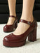 Vintage Solid Round Toe Buckle Chunky Heels