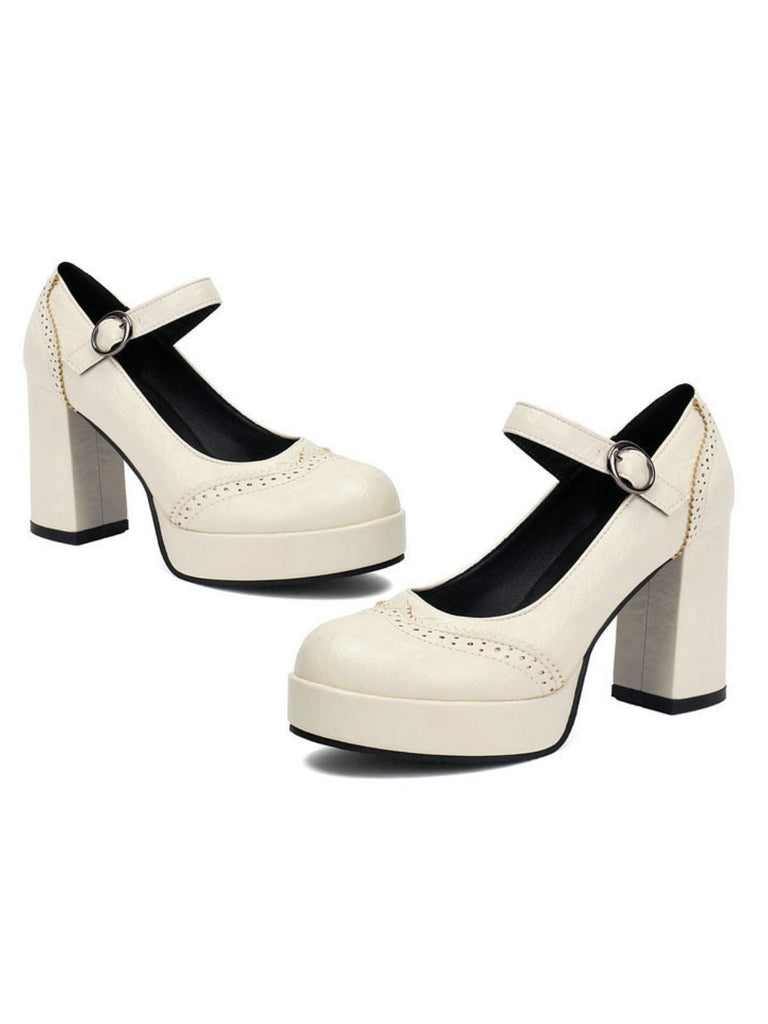 Vintage Solid Round Toe Buckle Chunky Heels