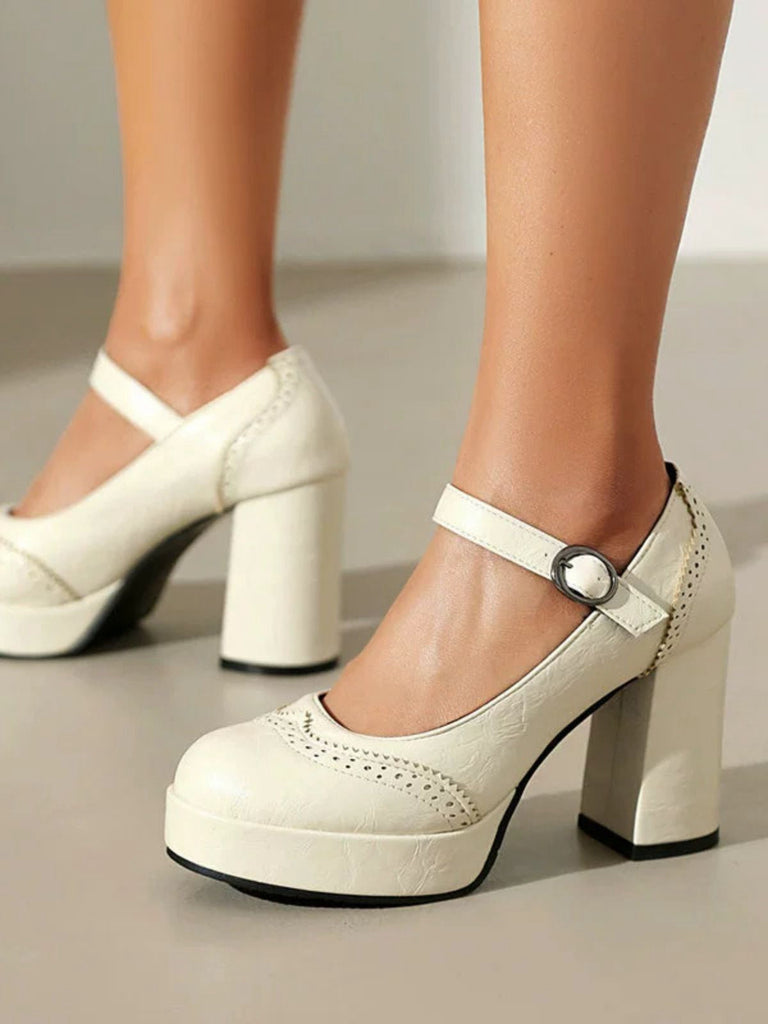 Vintage Solid Round Toe Buckle Chunky Heels