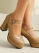 Vintage Solid Round Toe Buckle Chunky Heels
