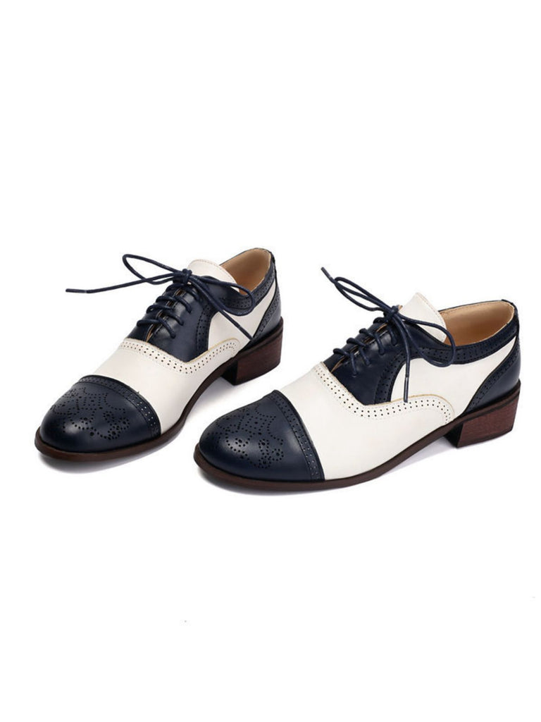 Colorblock Leather Round Toe Strappy Oxford Shoes