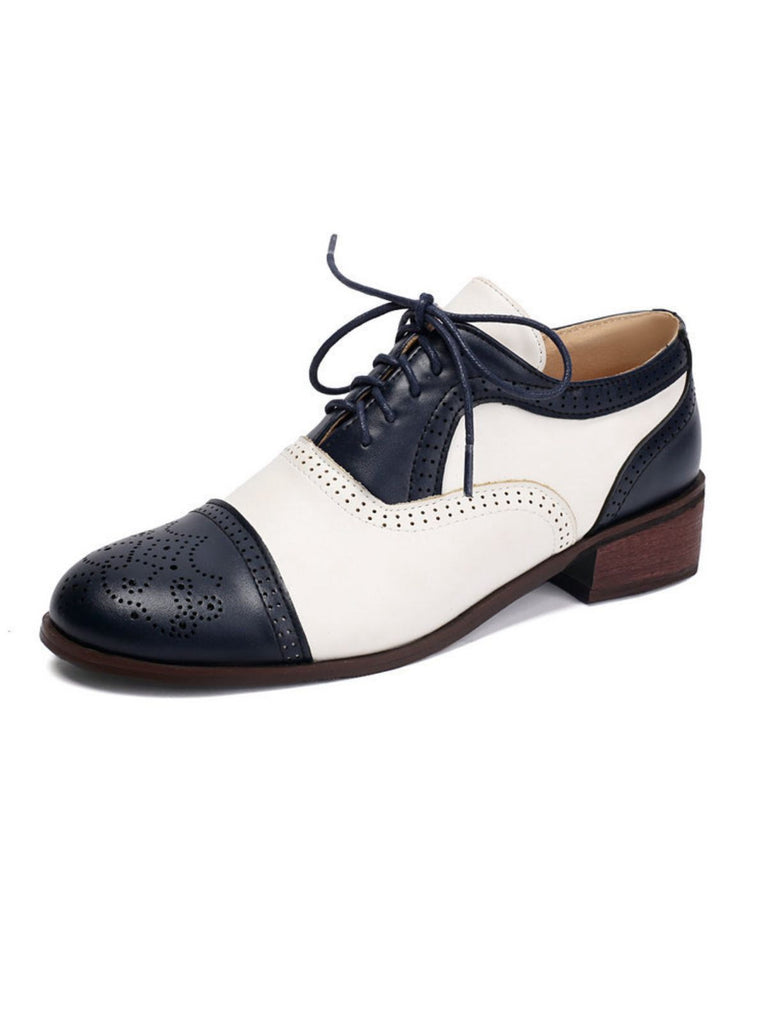 Colorblock Leather Round Toe Strappy Oxford Shoes