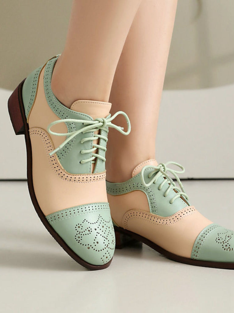 Colorblock Leather Round Toe Strappy Oxford Shoes