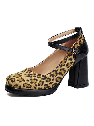 Vintage Leopard Criss-Cross Buckle Chunky Heels