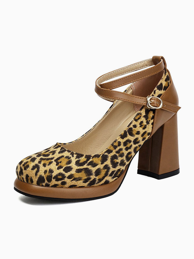 Vintage Leopard Criss-Cross Buckle Chunky Heels