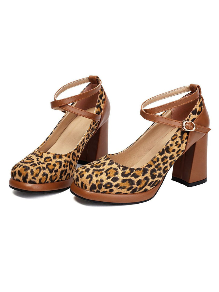 Vintage Leopard Criss-Cross Buckle Chunky Heels