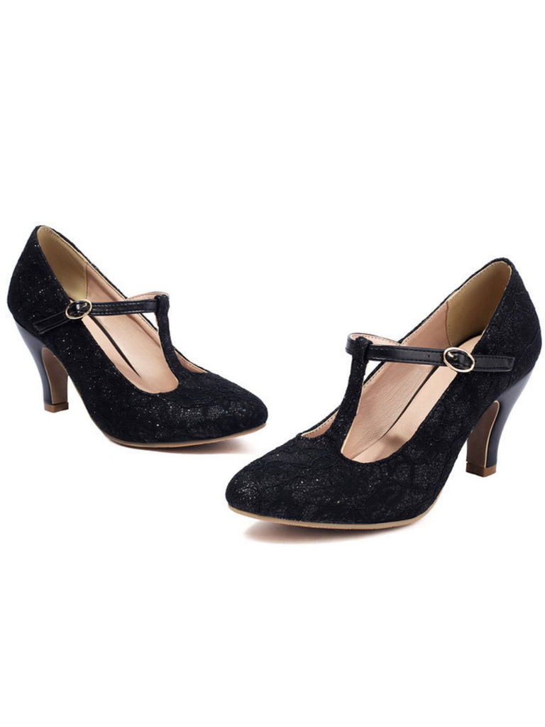 Vintage Lace Patchwork T-Strap Buckle High Heels