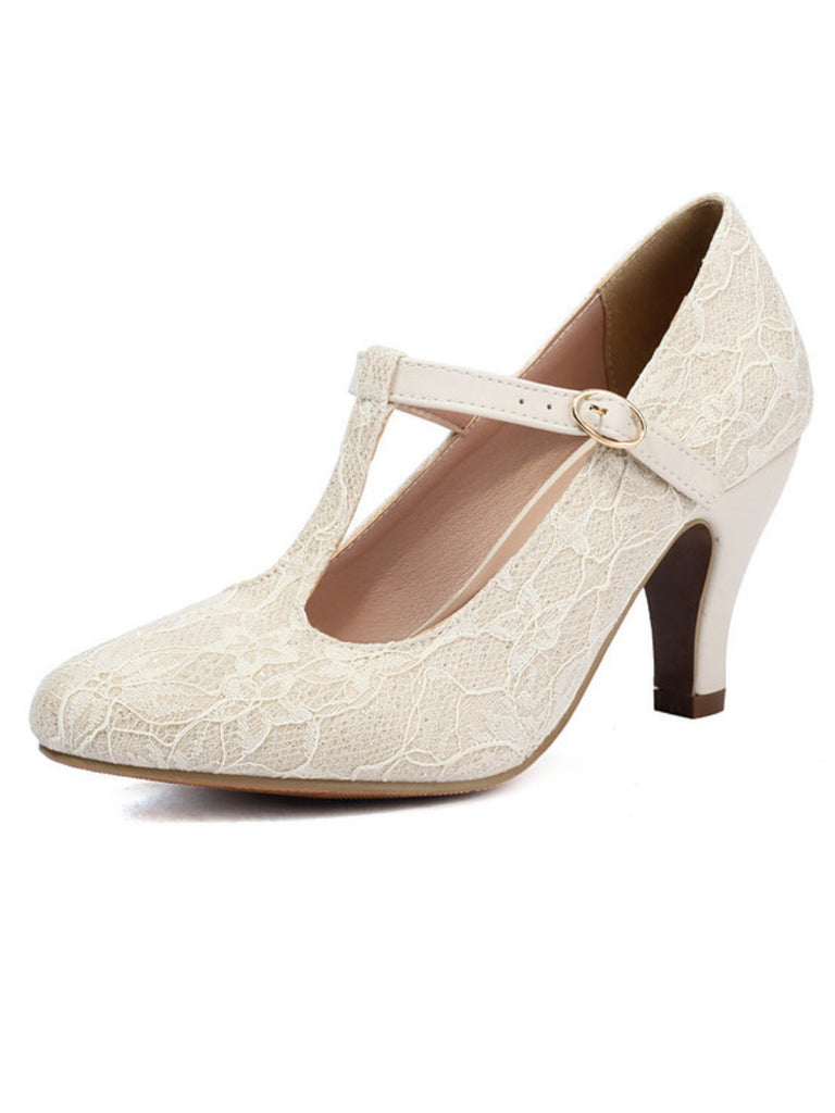 Vintage Lace Patchwork T-Strap Buckle High Heels