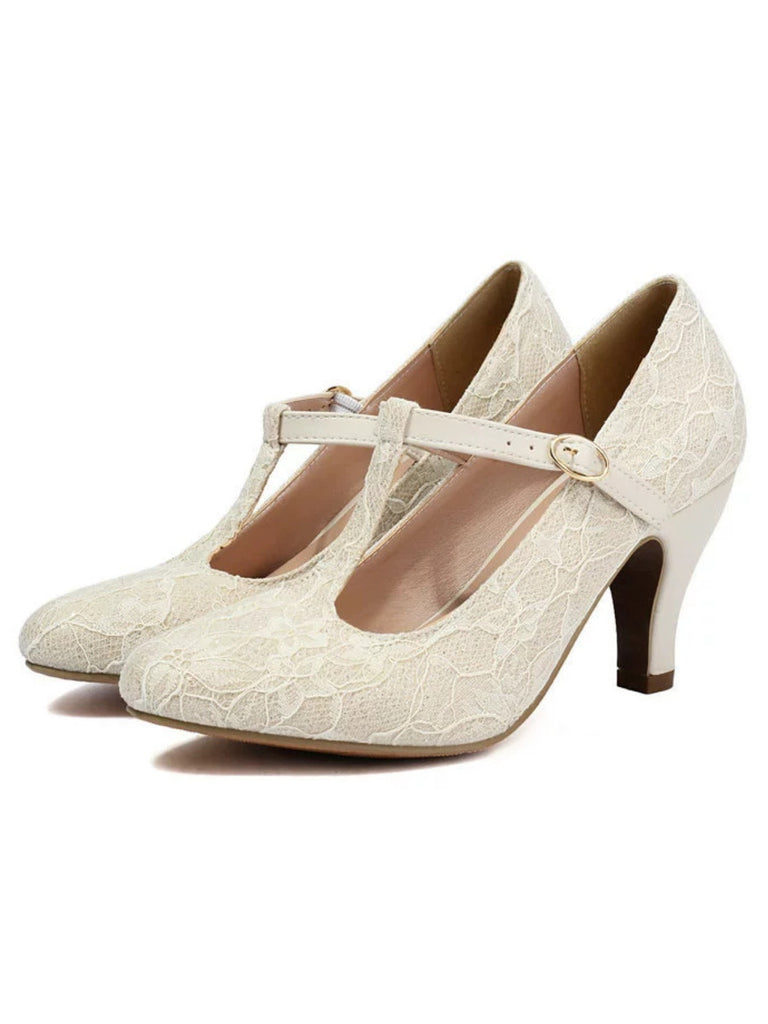 Vintage Lace Patchwork T-Strap Buckle High Heels