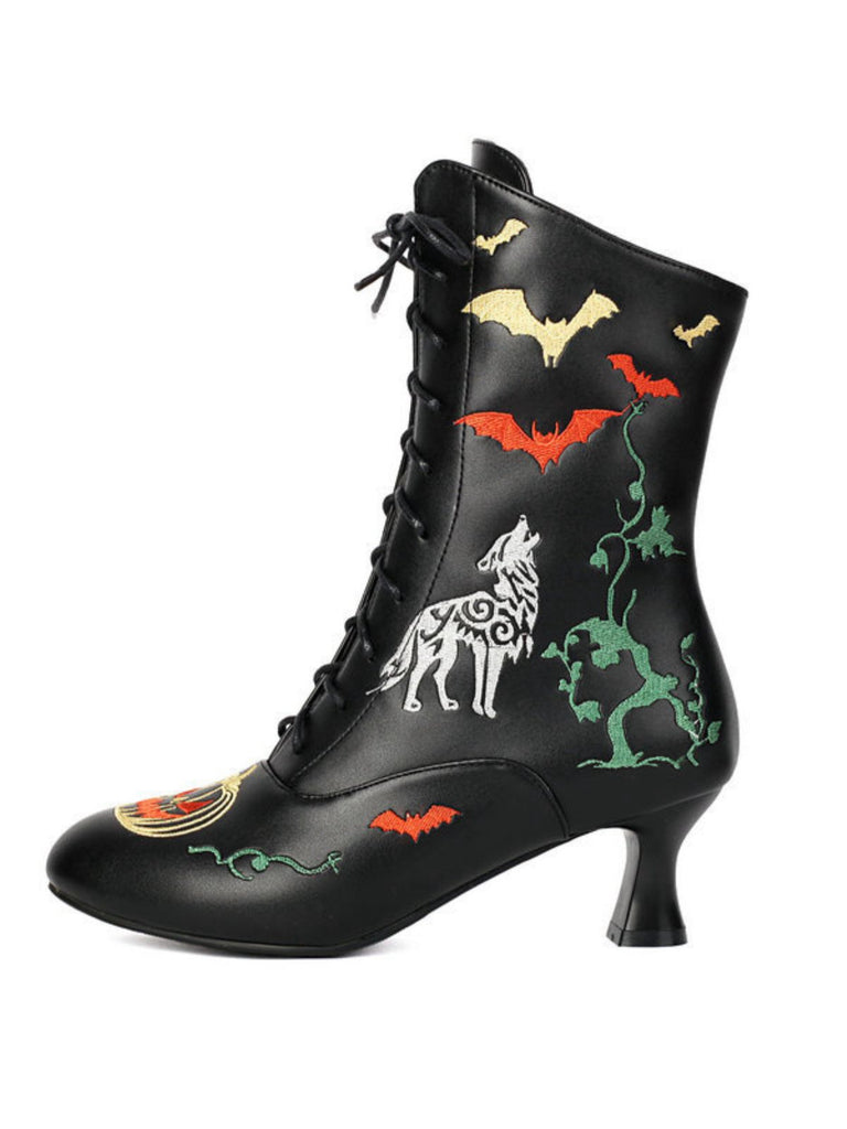 Halloween Bat Pumpkin Lace-Up Mid-Calf Boots