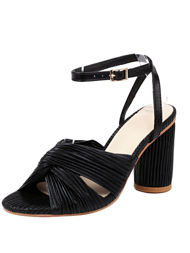 Vintage Pleated Twist Peep Toe Buckle Chunky High Heels