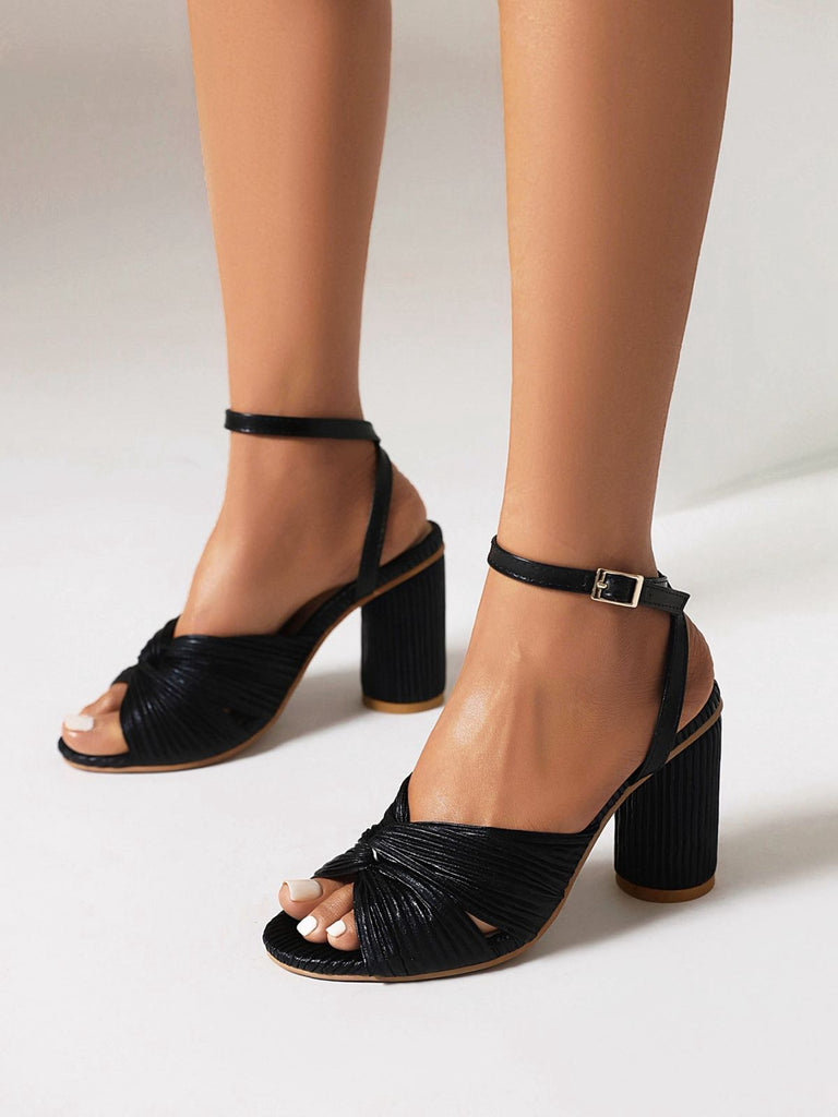 Vintage Pleated Twist Peep Toe Buckle Chunky High Heels