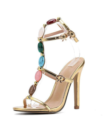 Vintage Colored Stones Stiletto Heels Strappy Sandals