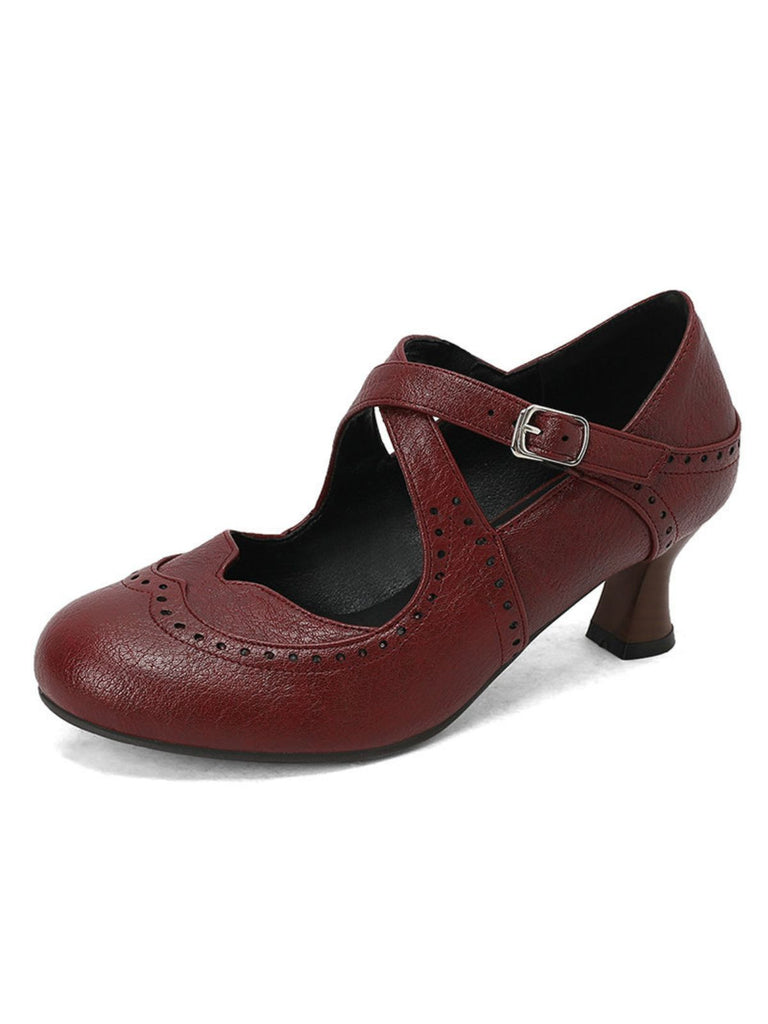 Cross-Strap Perforated Mary Jane Heels