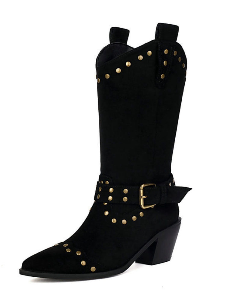 Flannelette Studded Wingtip Toe Chunky Heel Boots