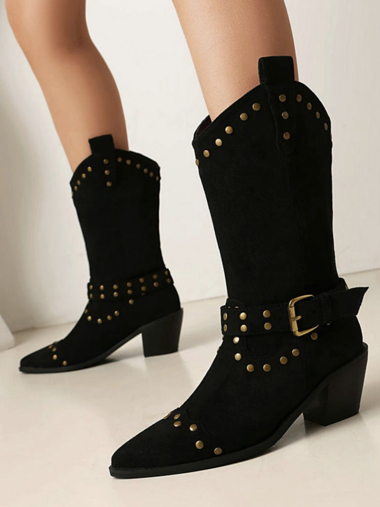 Flannelette Studded Wingtip Toe Chunky Heel Boots