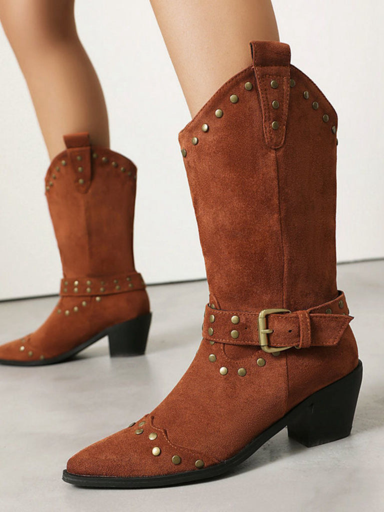 Flannelette Studded Wingtip Toe Chunky Heel Boots