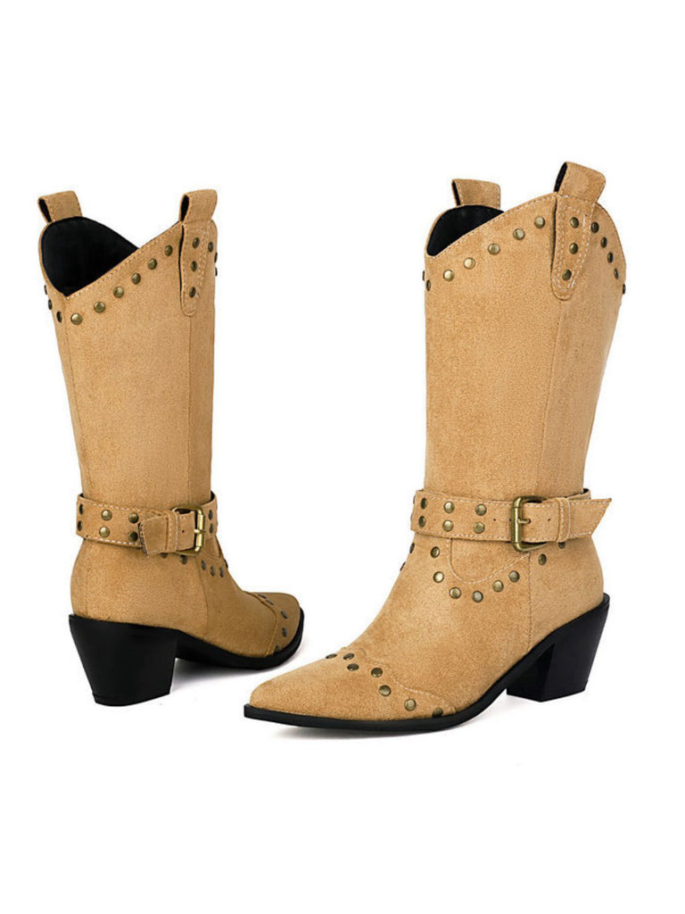 Flannelette Studded Wingtip Toe Chunky Heel Boots