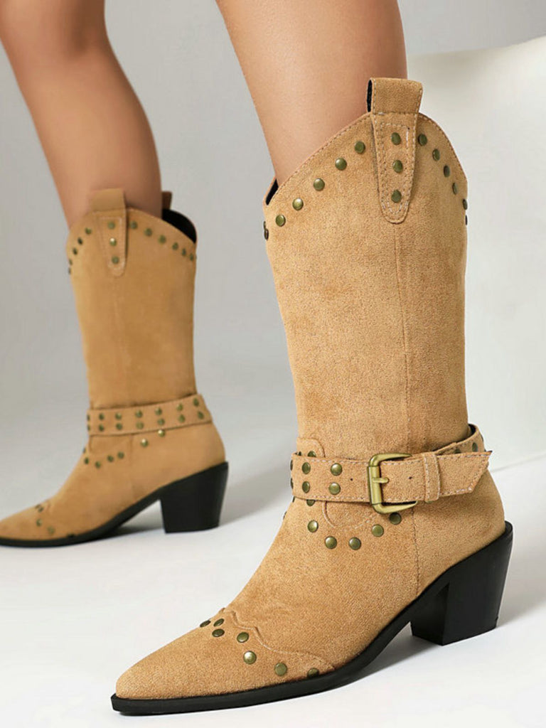 Flannelette Studded Wingtip Toe Chunky Heel Boots