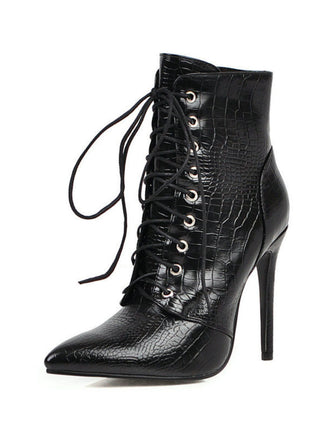 Faux Crocodile Leather Lace-Up Mid-Calf Boots