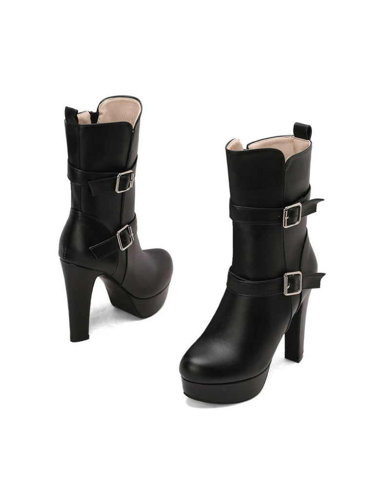 Pu Leather Round Toe Wedge Heel Mid-Calf Boots