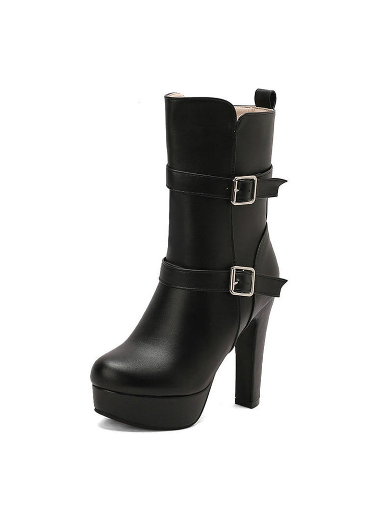 Pu Leather Round Toe Wedge Heel Mid-Calf Boots