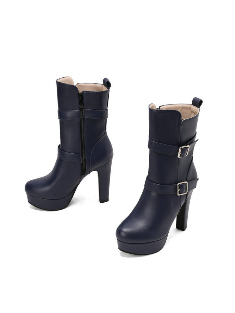 Pu Leather Round Toe Wedge Heel Mid-Calf Boots