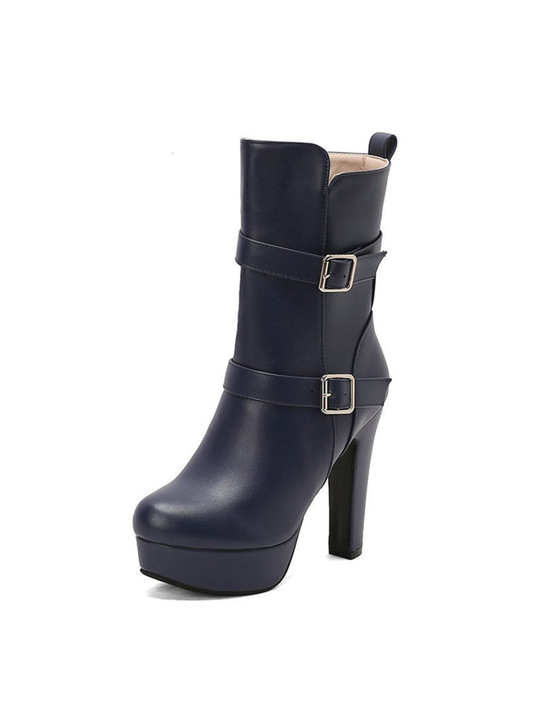 Pu Leather Round Toe Wedge Heel Mid-Calf Boots