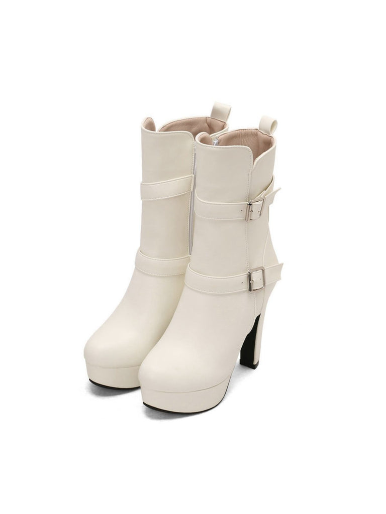 Pu Leather Round Toe Wedge Heel Mid-Calf Boots