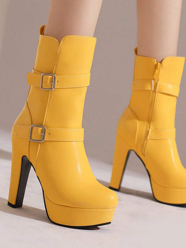 Pu Leather Round Toe Wedge Heel Mid-Calf Boots